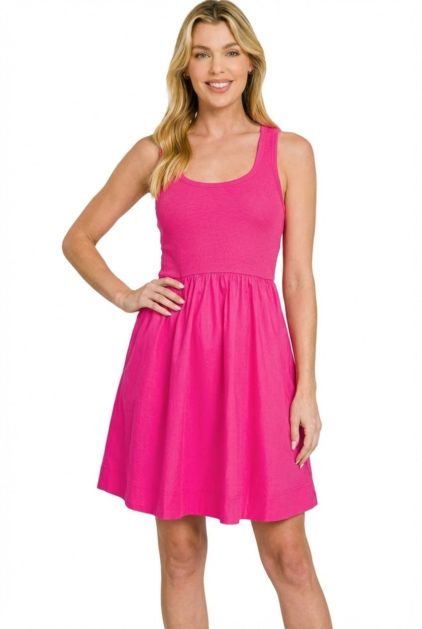Combined Knit & Woven Midi Dress in Hot Pink