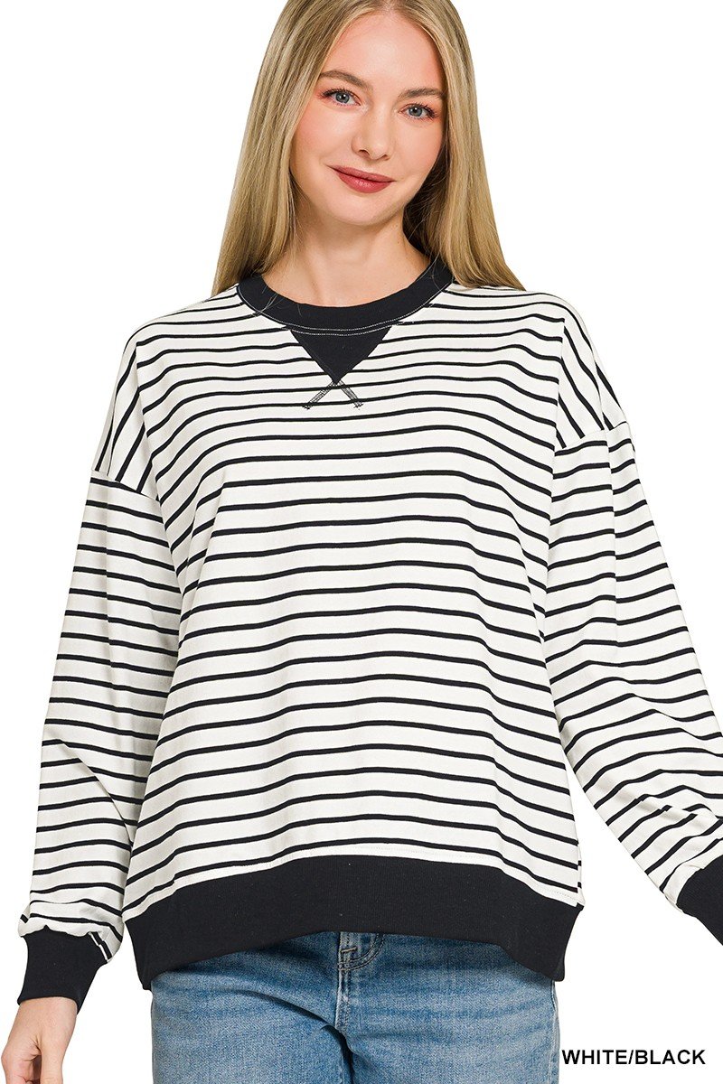 Black & White Striped Round Neck Sweatshirt