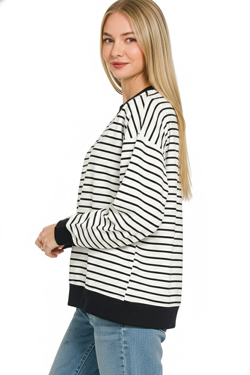 Black & White Striped Round Neck Sweatshirt