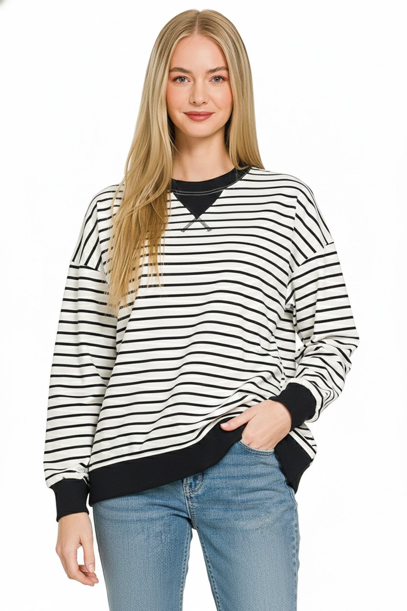 Black & White Striped Round Neck Sweatshirt