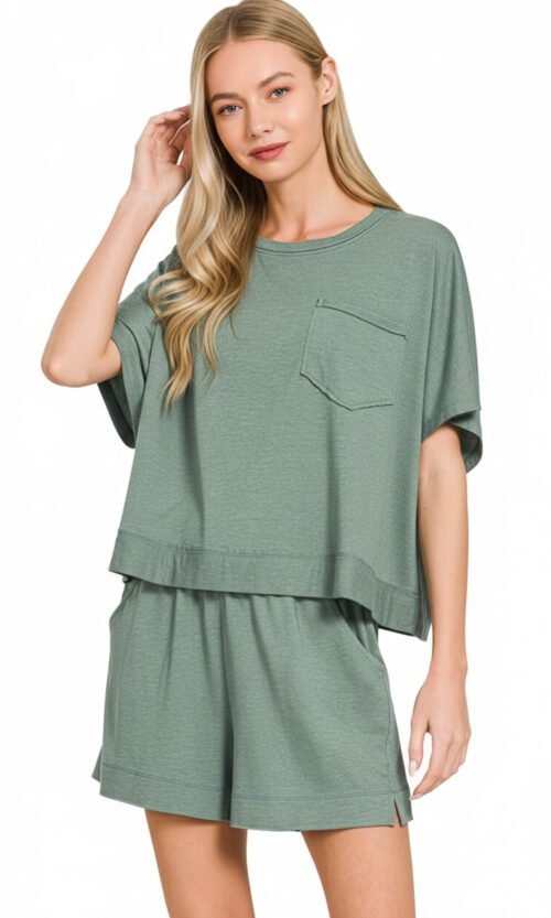 Exposed Seam Boxy Top and Shorts Set in Ash Jade