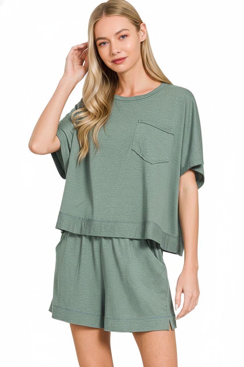 Exposed Seam Boxy Top and Shorts Set in Ash Jade
