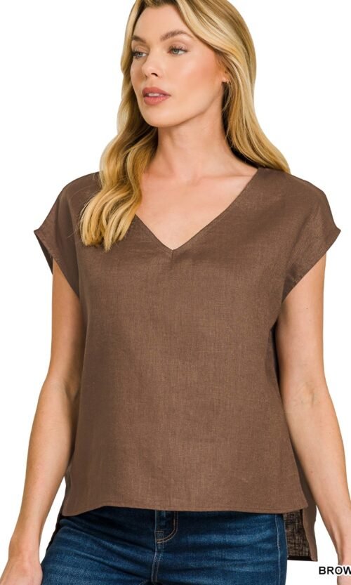 Linen V-Neck Sleeveless Top in Brown