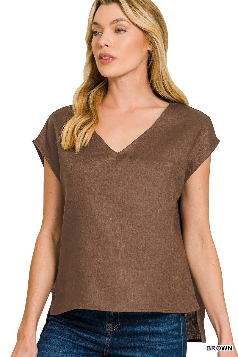 Linen V-Neck Sleeveless Top in Brown