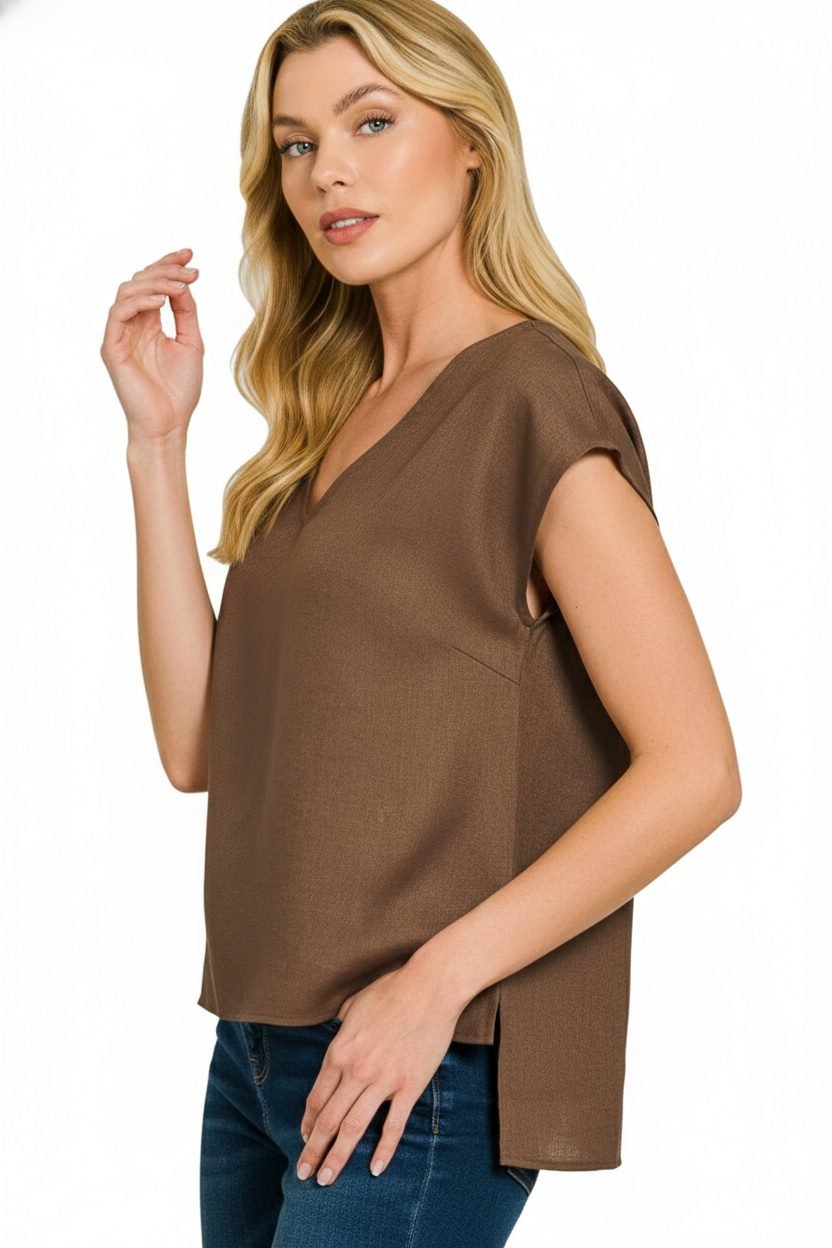Linen V-Neck Sleeveless Top in Brown