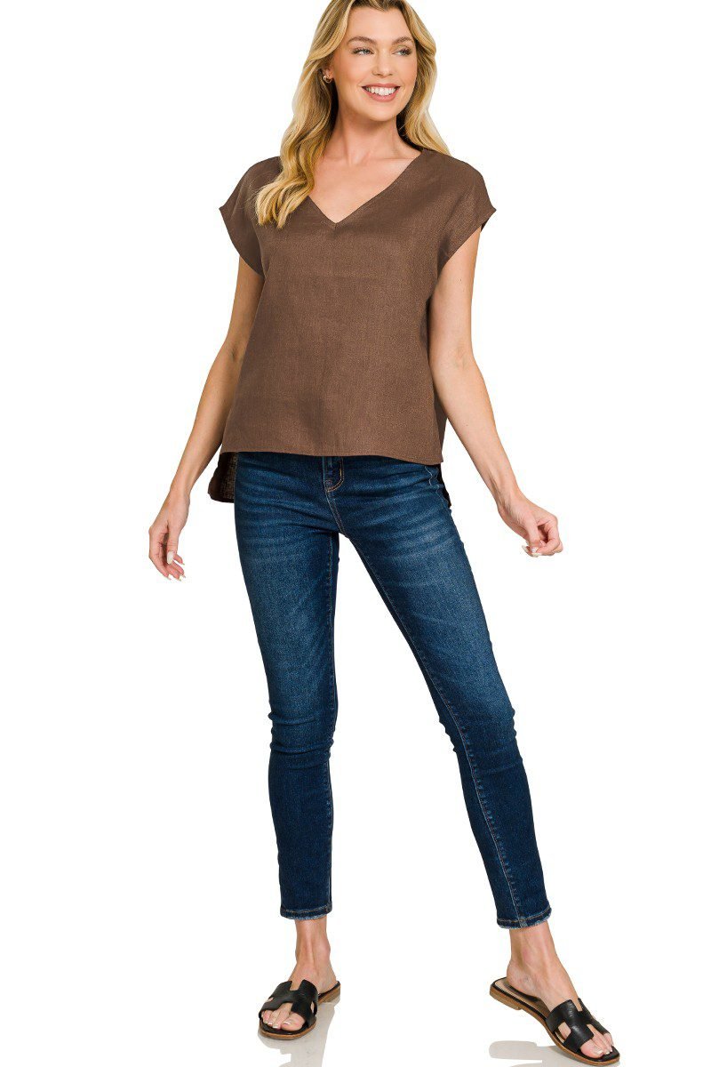 Linen V-Neck Sleeveless Top in Brown