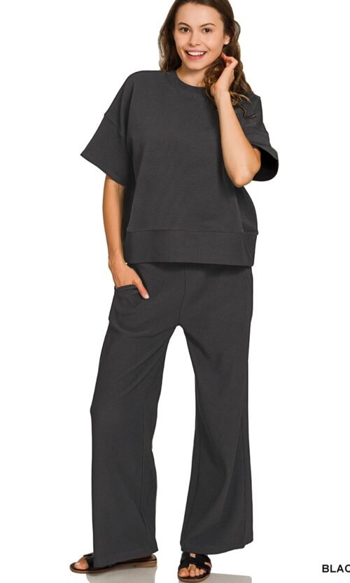 Women’s Ribbed Round Neck Tee and Wide Leg Pants Two-Piece Set