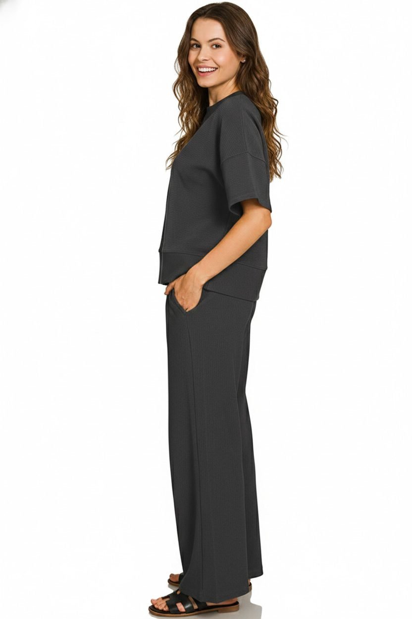 Women’s Ribbed Round Neck Tee and Wide Leg Pants Two-Piece Set