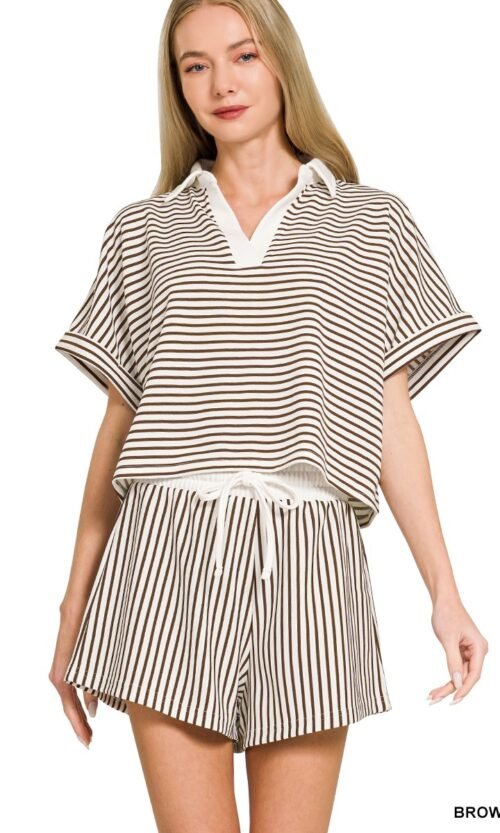 Brown Striped Collared Top and Shorts Set