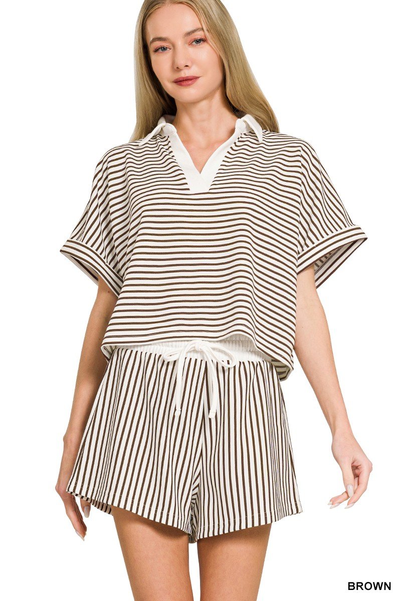 Brown Striped Collared Top and Shorts Set