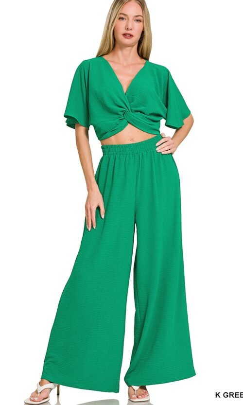 Woven Airflow Twisted Top & Wide Leg Pants Set