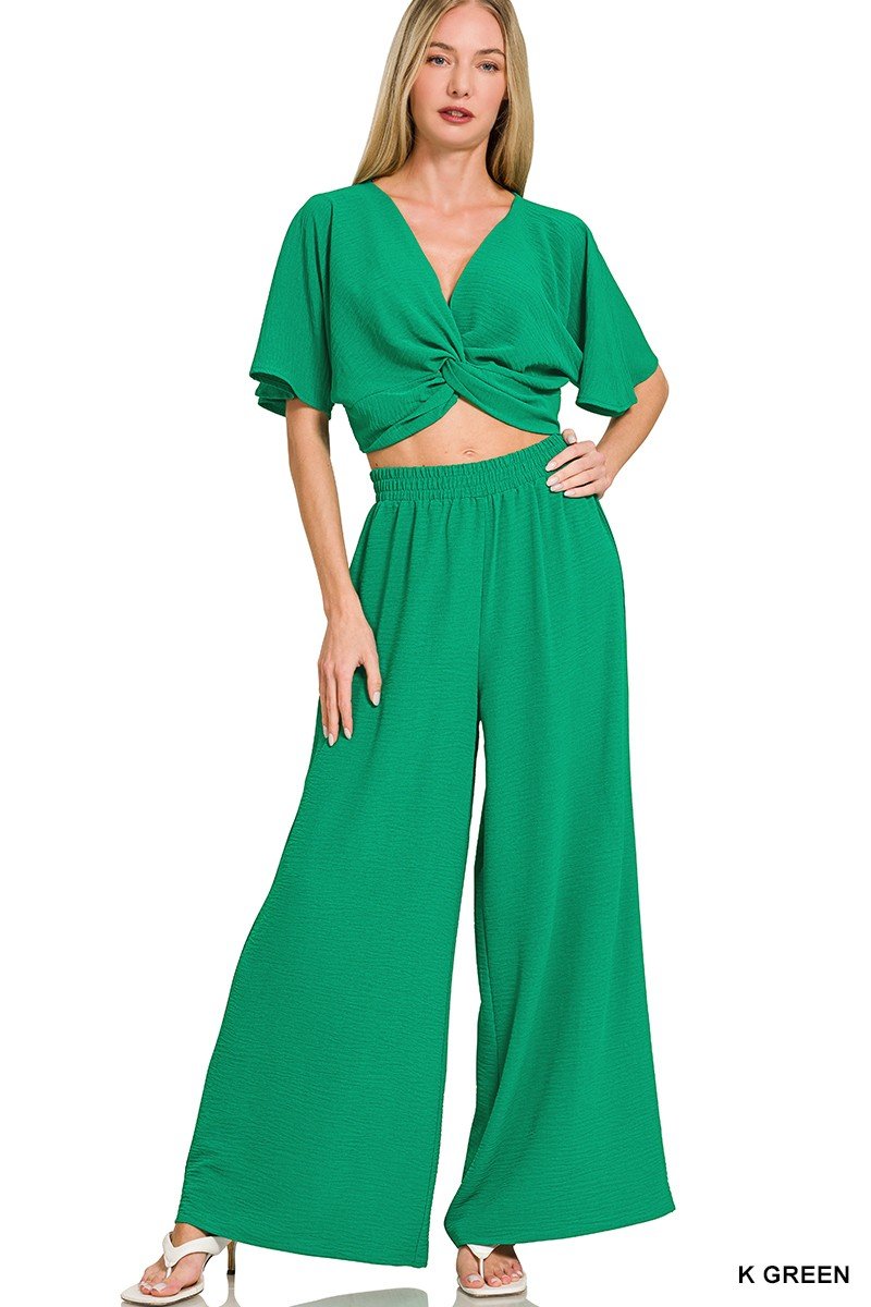 Woven Airflow Twisted Top & Wide Leg Pants Set