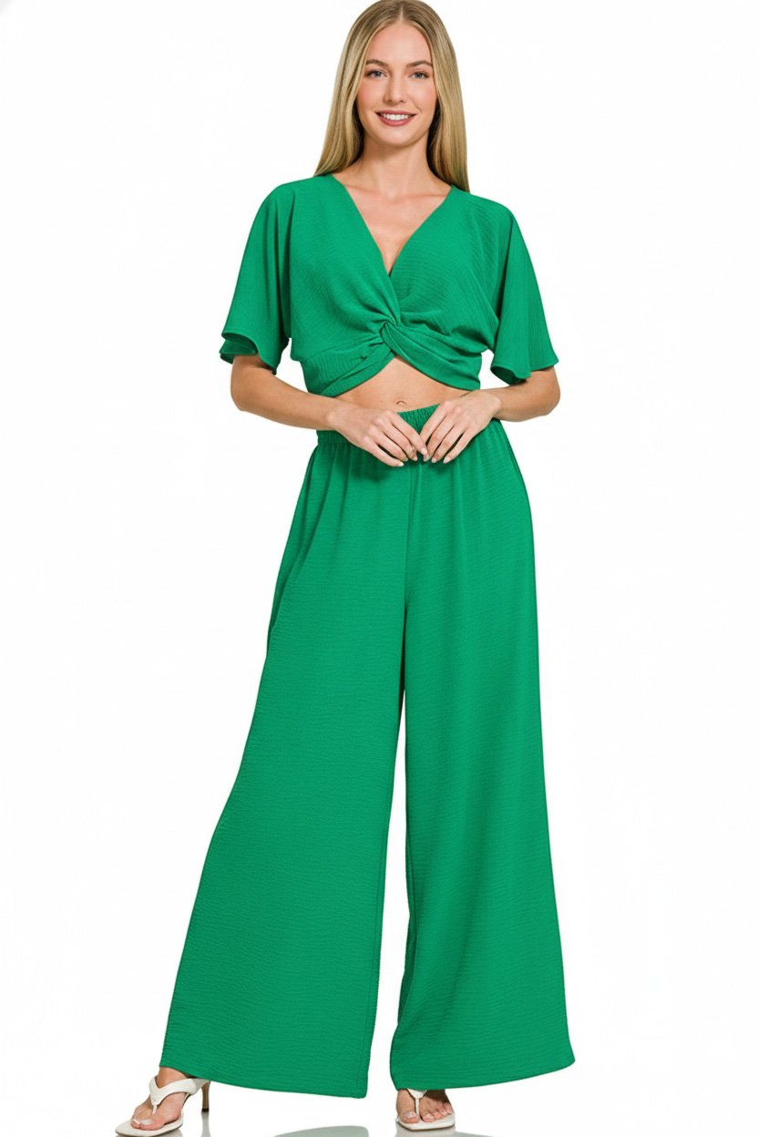 Woven Airflow Twisted Top & Wide Leg Pants Set