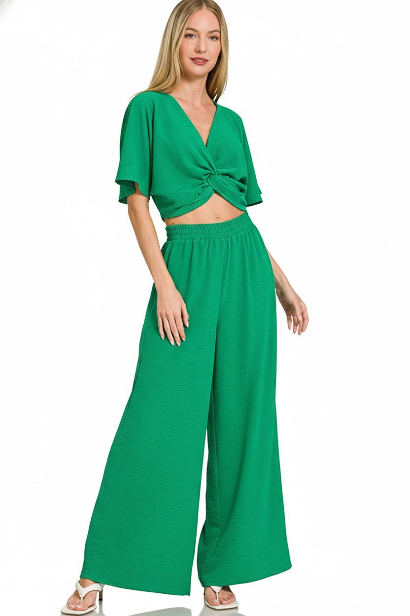 Woven Airflow Twisted Top & Wide Leg Pants Set