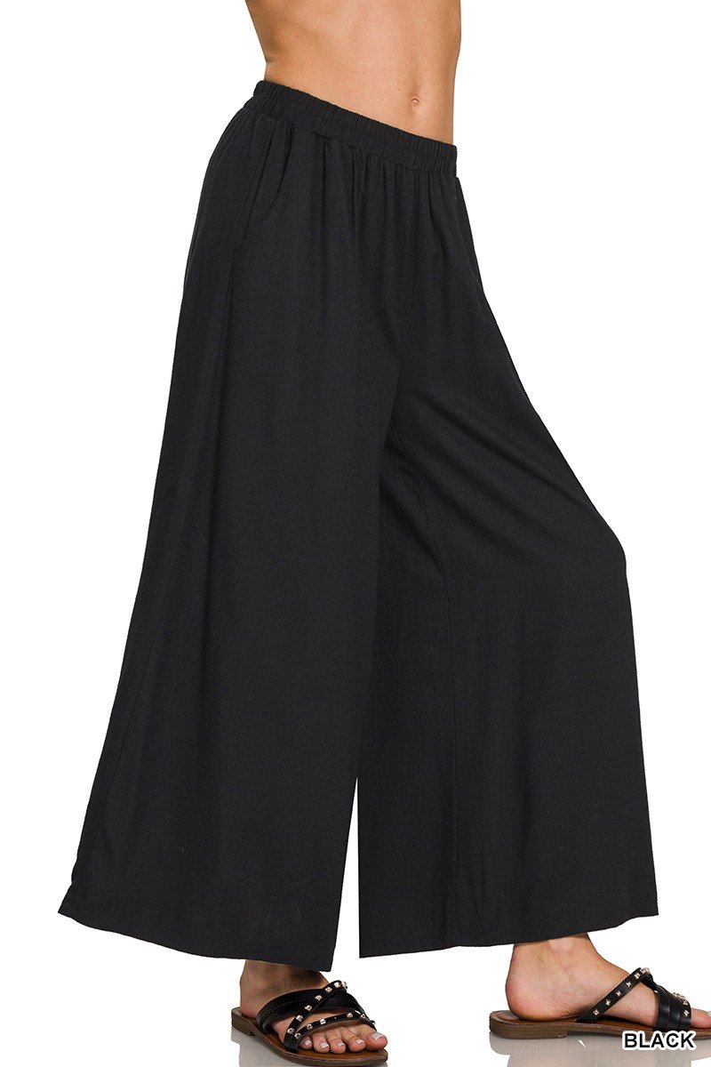 Woven Pleated Linen Blend Wide Leg Pants