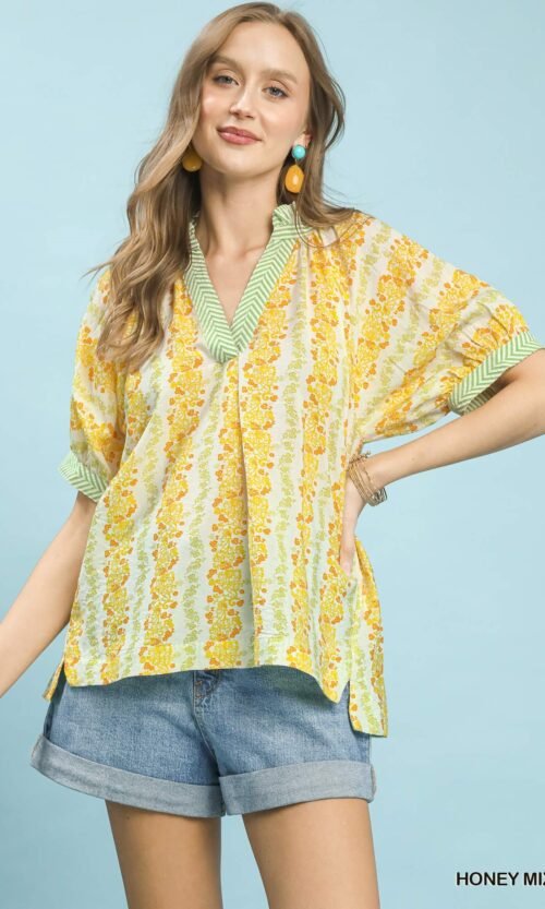 Mix Print Boho Blouse with Contrast Trim