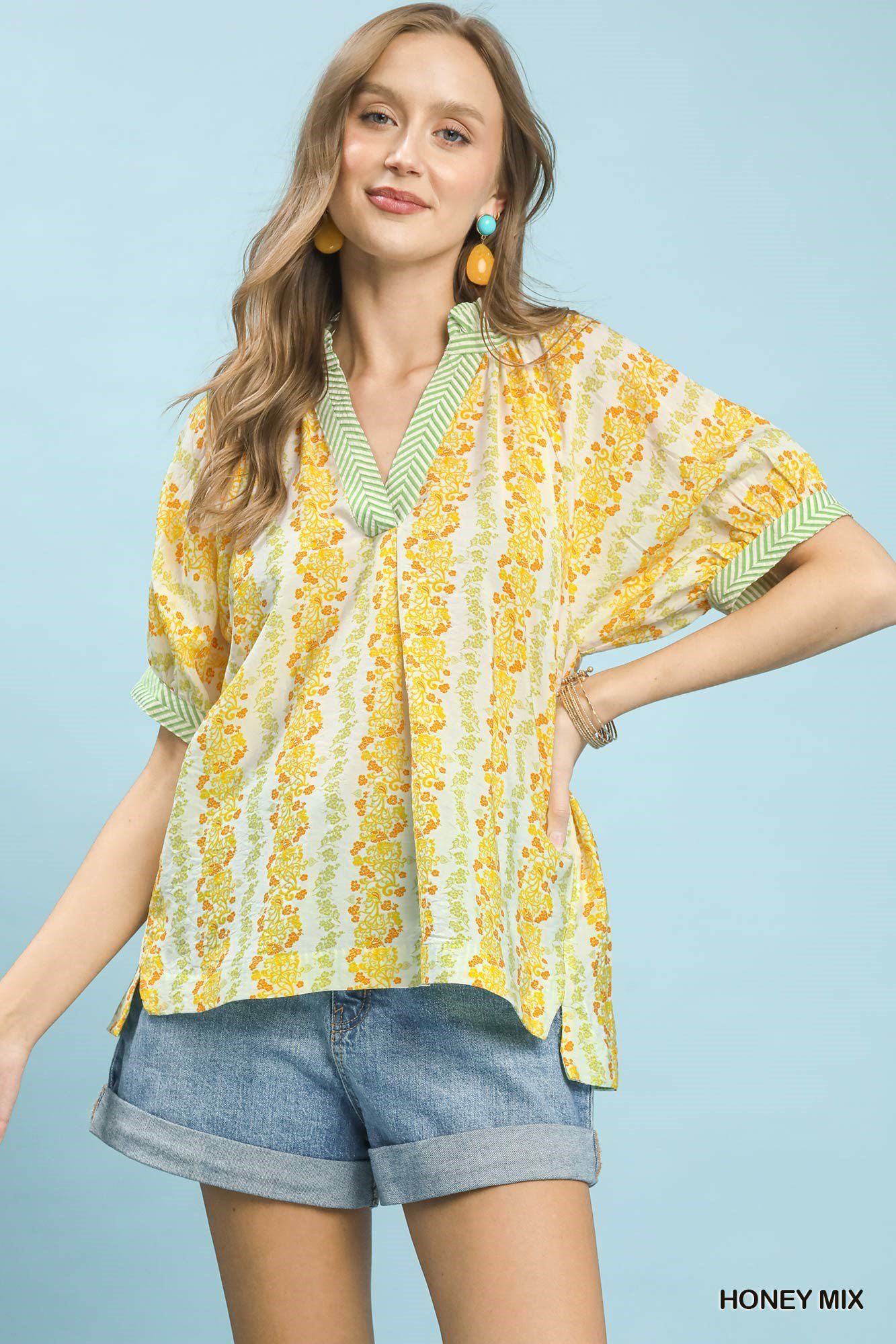 Mix Print Boho Blouse with Contrast Trim