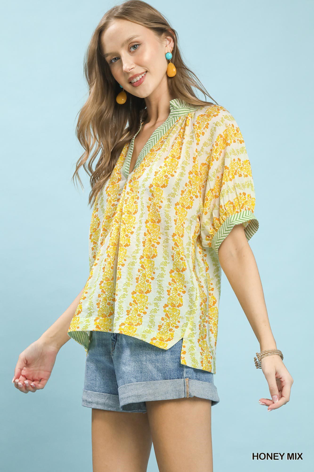 Mix Print Boho Blouse with Contrast Trim