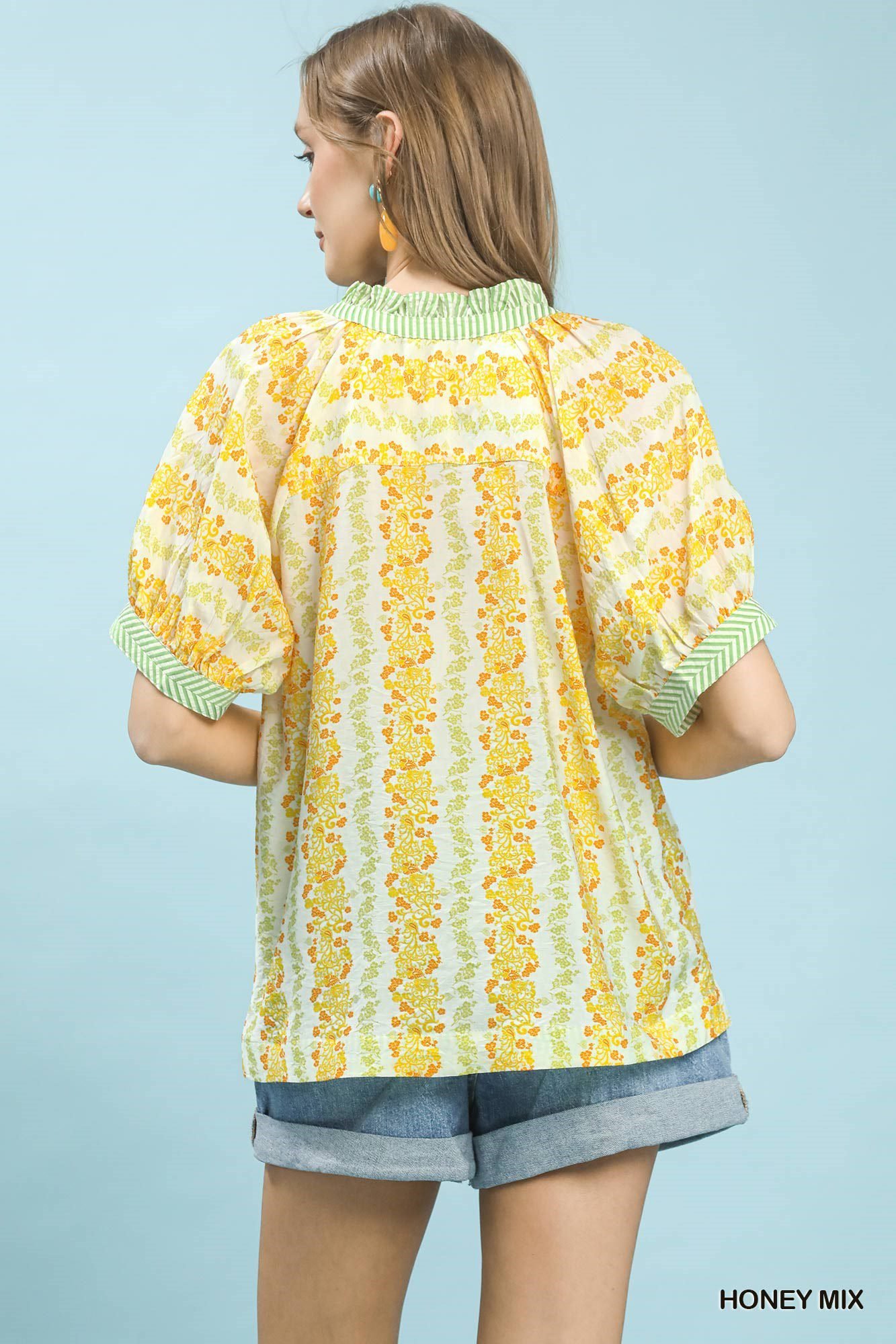 Mix Print Boho Blouse with Contrast Trim