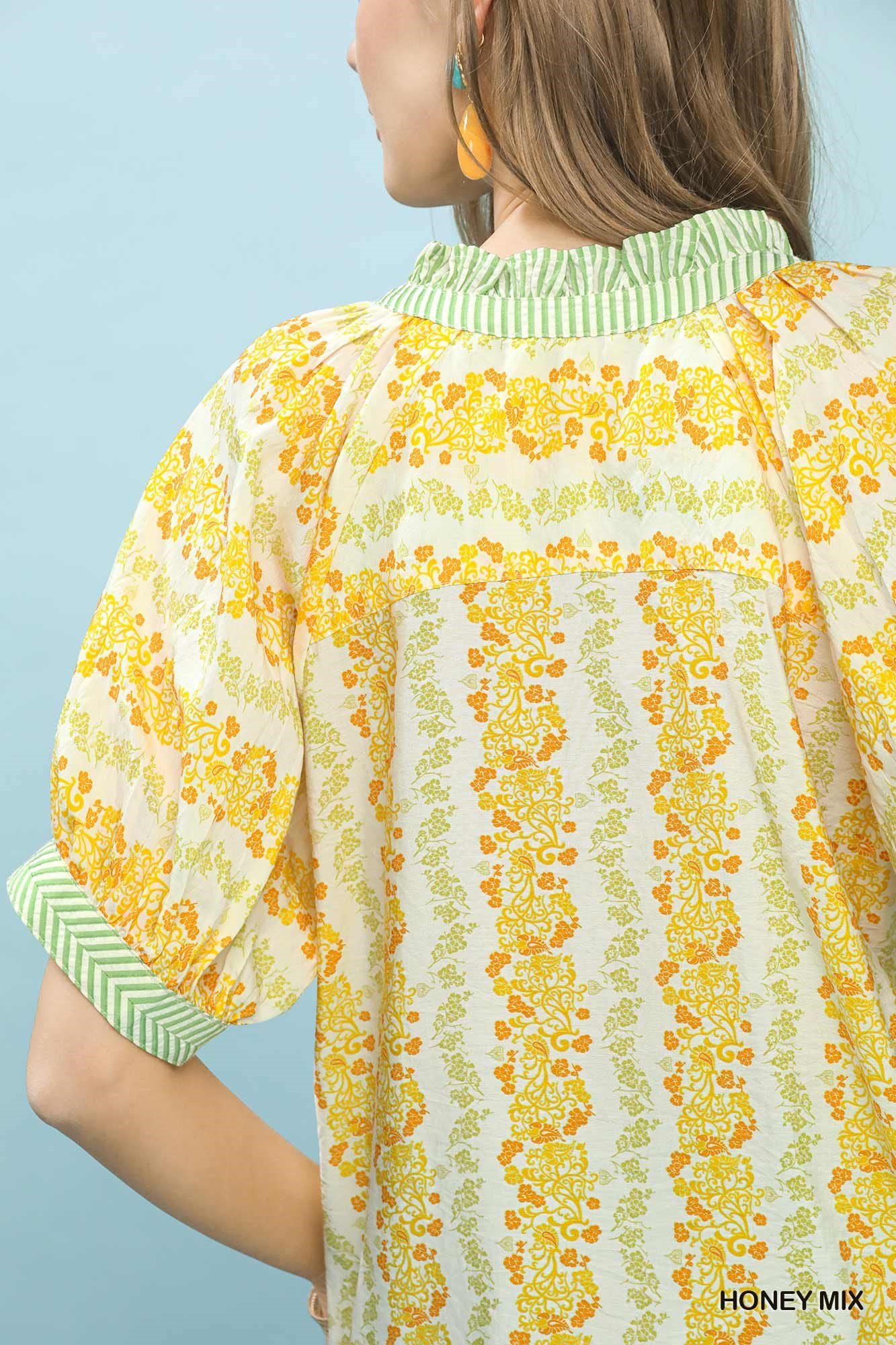 Mix Print Boho Blouse with Contrast Trim